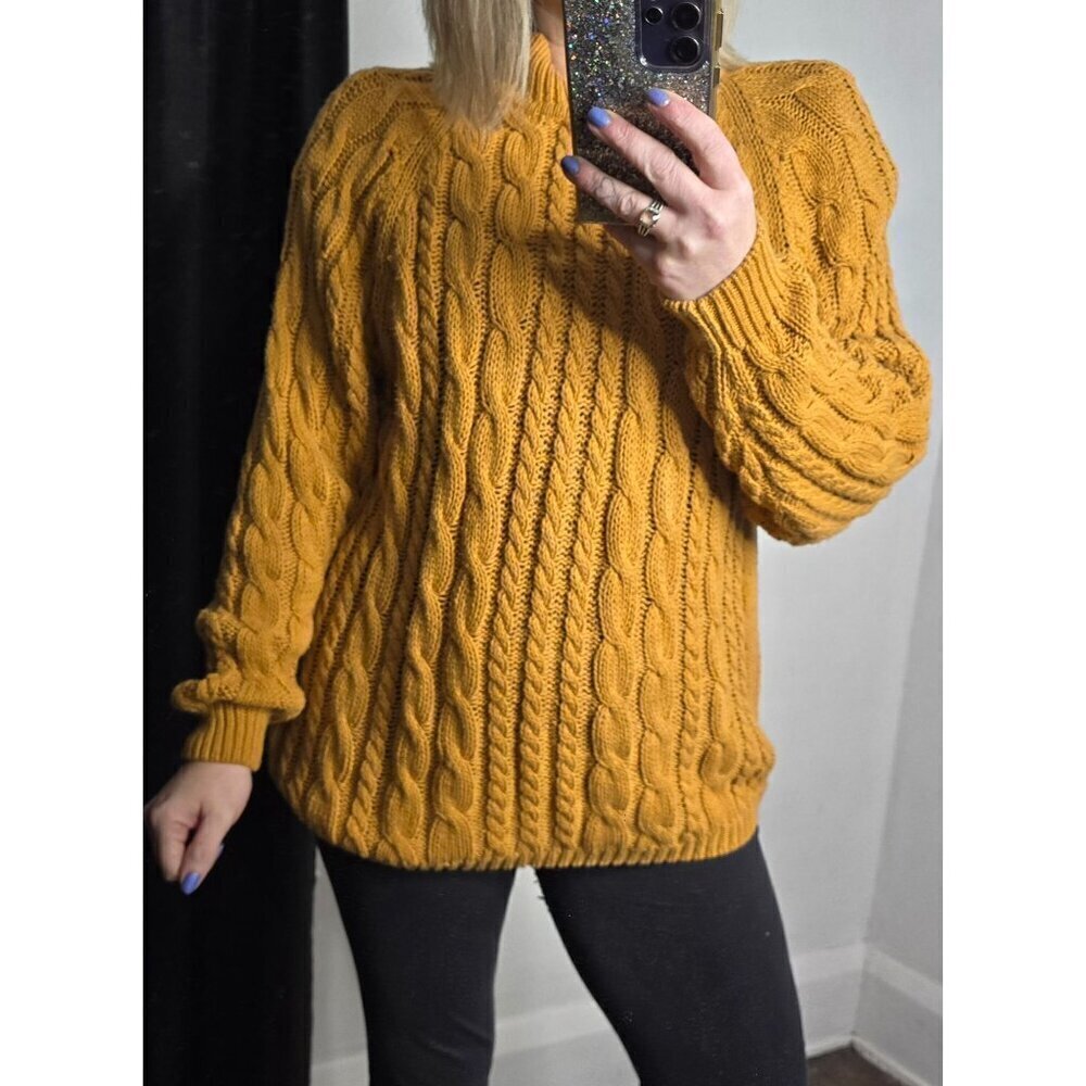 Vintage 90s Mustard Yellow Chunky Cable Knit Mock Neck Sweater